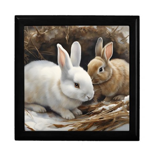 Two Cute Bunny Rabbits Snuggled in the Snow  Gift Box