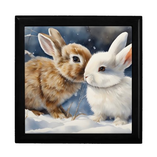 Two Cute Bunny Rabbits Snuggled in the Snow Gift Box