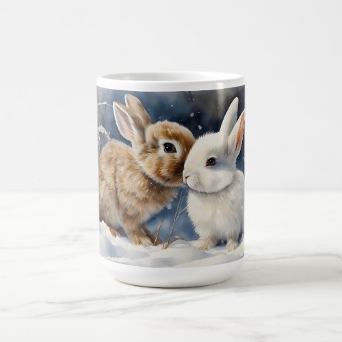 Two Cute Bunny Rabbits Snuggled in the Snow Hot Coffee Mug