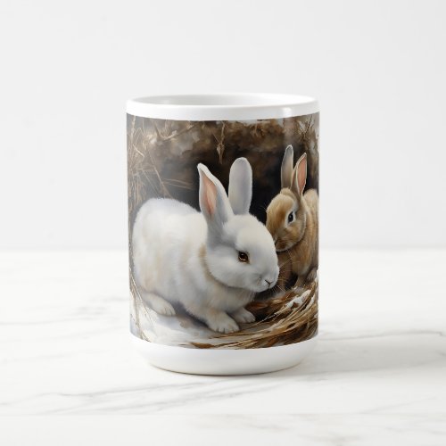 Two Cute Bunny Rabbits Snuggled in the Snow Hot Coffee Mug