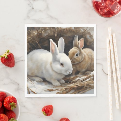 Two Cute Bunny Rabbits Snuggled in the Snow  Napkins
