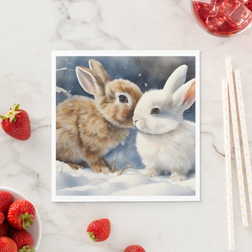 Two Cute Bunny Rabbits Snuggled in the Snow Napkins
