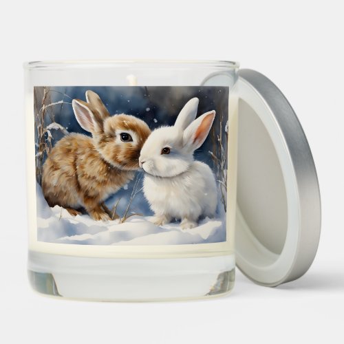 Two Cute Bunny Rabbits Snuggled in the Snow Scented Candle