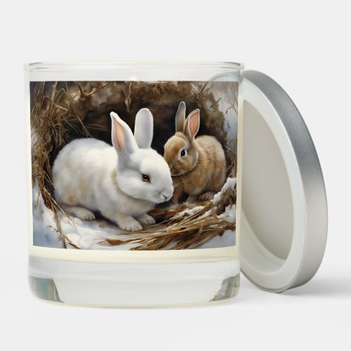 Two Cute Bunny Rabbits Snuggled in the Snow  Scented Candle