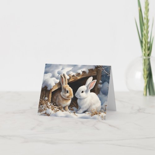 Two Cute Bunny Rabbits Under a Hutch in Snow Blank Card