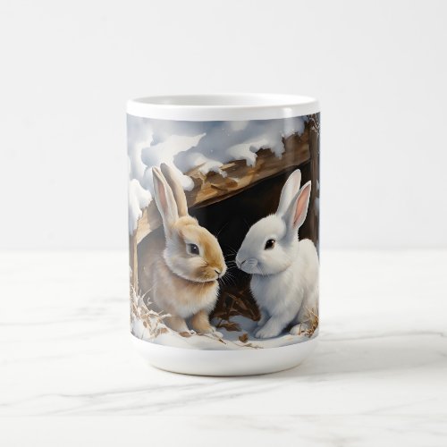 Two Cute Bunny Rabbits Under a Hutch in Snow Blank Coffee Mug