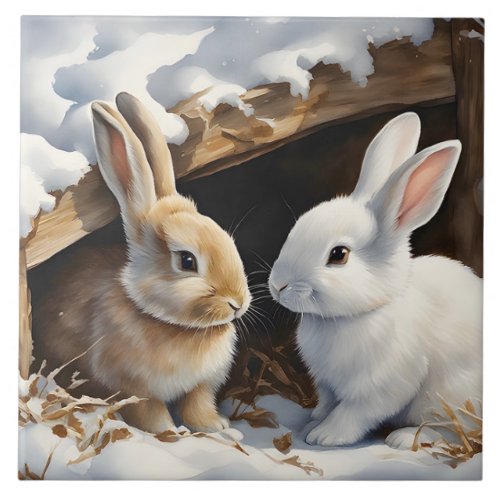 Two Cute Bunny Rabbits Under a Hutch in Snow  Ceramic Tile