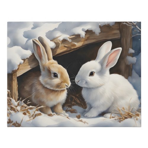 Two Cute Bunny Rabbits Under a Hutch in Snow  Faux Canvas Print