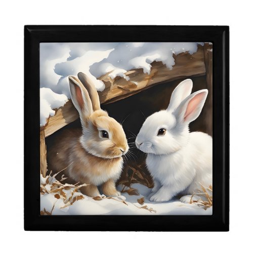 Two Cute Bunny Rabbits Under a Hutch in Snow  Gift Box