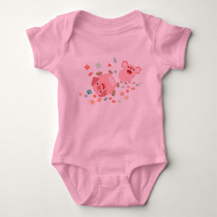 Two Cute Cartoon Pigs in Spring Baby Clothing Bodysuit