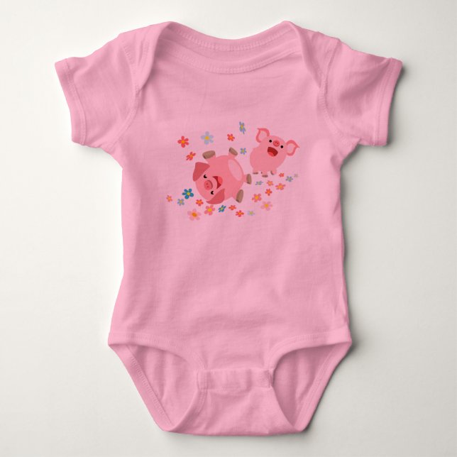 Two Cute Cartoon Pigs in Spring Baby Clothing Bodysuit (Front)