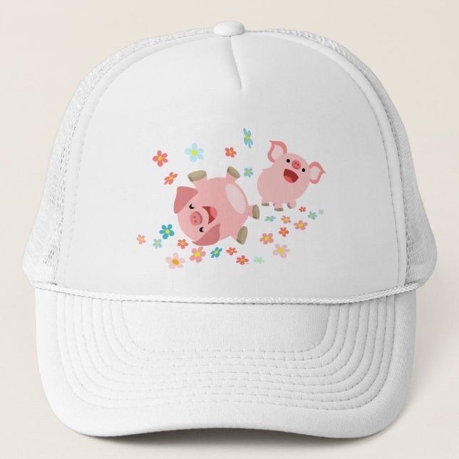 Two Cute Cartoon Pigs in Spring Hat (Front)