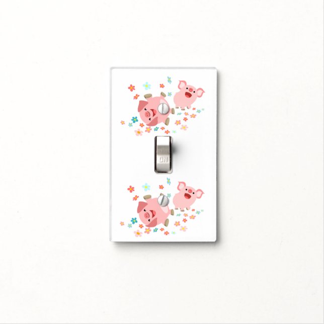 Two Cute Cartoon Pigs in Spring Light Switch Cover (In Situ)