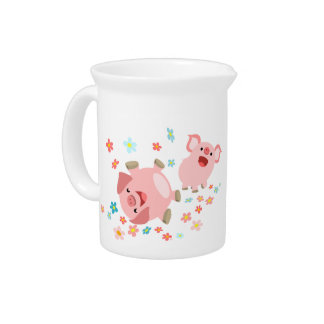 Two Cute Cartoon Pigs in Spring Pitcher