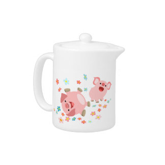 Two Cute Cartoon Pigs in Spring Teapot