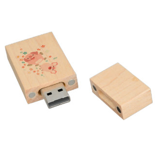 Two Cute Cartoon Pigs in Spring USB Drive Wood