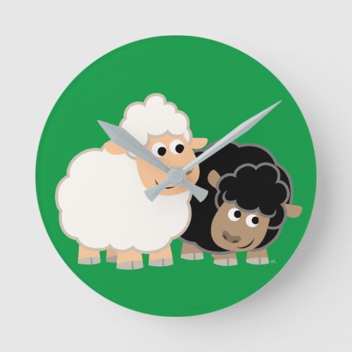 Two Cute Cartoon Sheep Round Clock