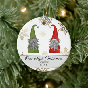 Two Cute Christmas Garden Gnomes First Christmas Ceramic Ornament
