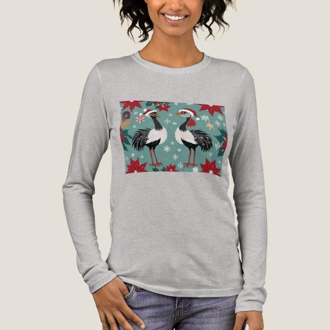 Two Cute Christmas Ostriches In Santa Hats Tri-Blend Shirt (Front)