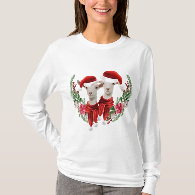 Two Cute Christmas Saanen Goat Kids in Wreath T-Shirt (Front)