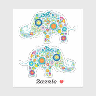 Two Cute Colorful Retro Floral Elephant Sticker