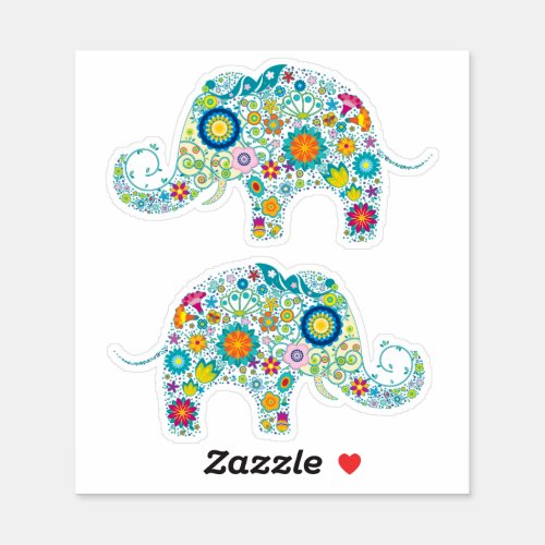 Two Cute Colorful Retro Floral Elephant  Sticker