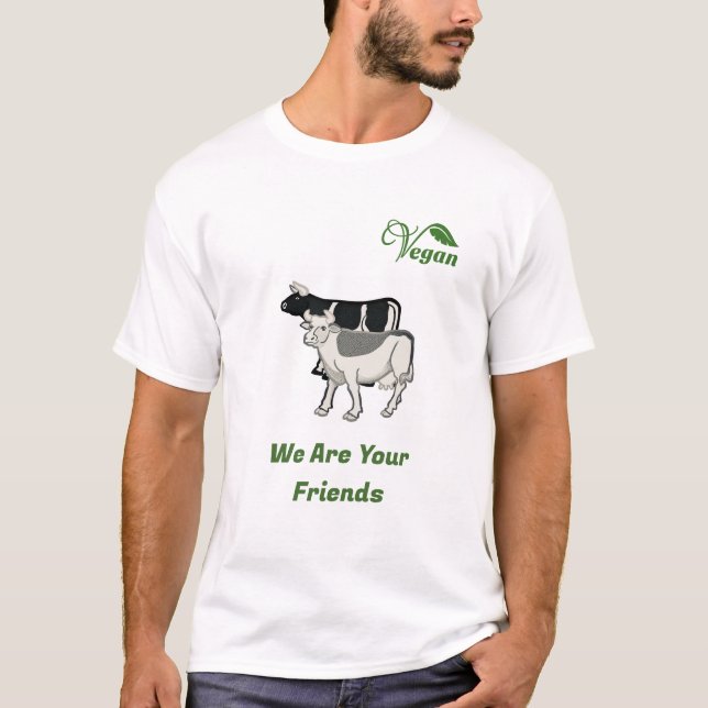 Two Cute Cows Design with Vegan Logo Leaf T-Shirt (Front)