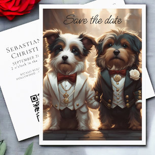 Two Cute Dog Grooms Gay Wedding Save the Date Announcement Postcard