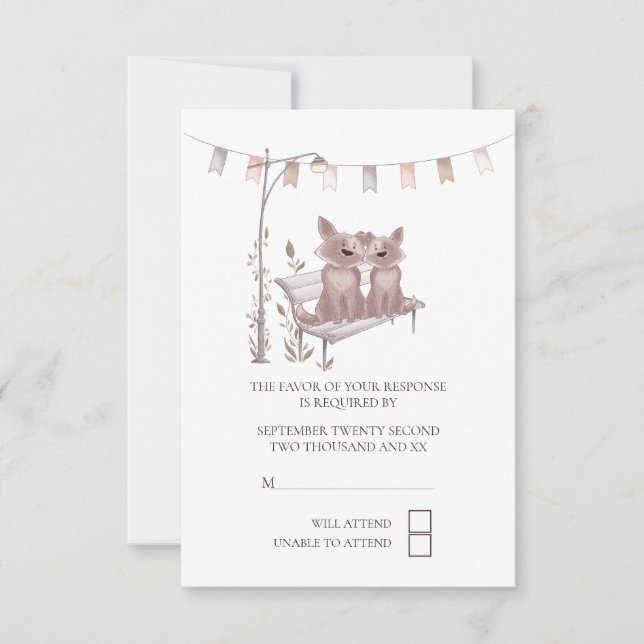 Two Cute Dogs on Park Bench RSVP Wedding Card (Front)
