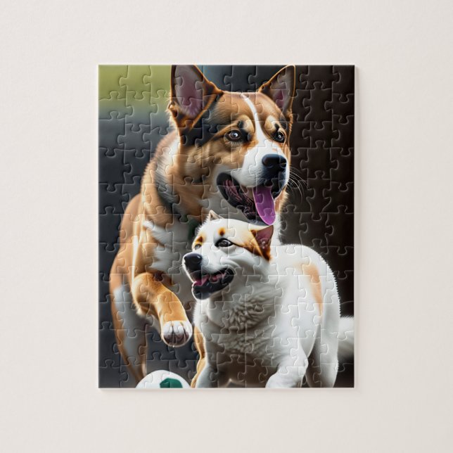 Two cute dogs running and playing soccer jigsaw puzzle (Vertical)