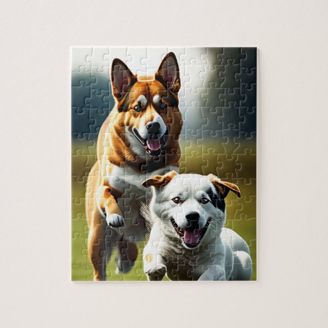 Two cute dogs running in the grass and playing jigsaw puzzle (Vertical)