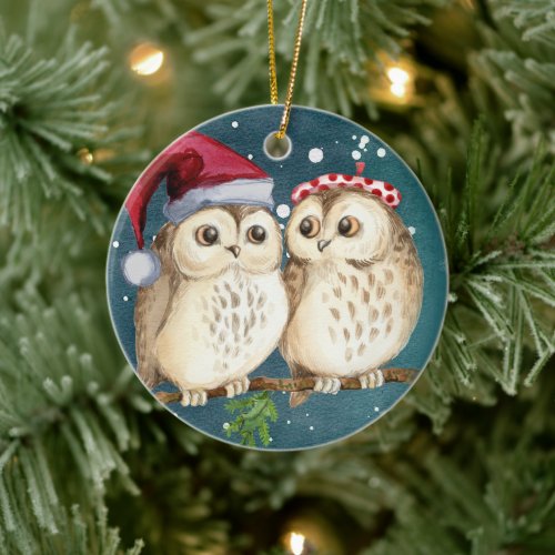 Two cute drawn Owls Ceramic Ornament