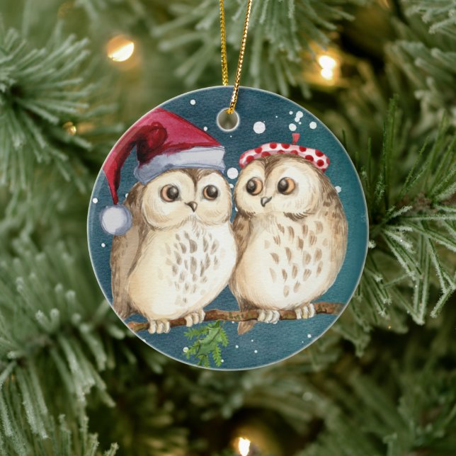 Two cute drawn Owls Ceramic Ornament (Tree)