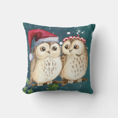 Two cute drawn Owls Throw Pillow