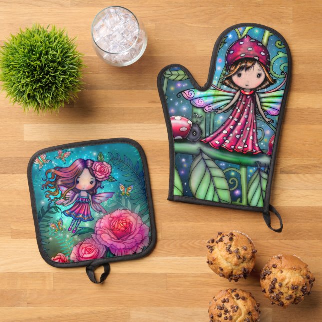 Two Cute Flower Fairies Art by Molly Harrison Oven Mitt & Pot Holder Set (Top Down)