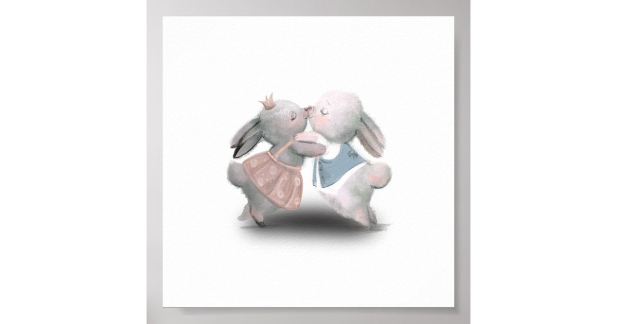 Two Cute Fluffy Pink And Blue Rabbits Poster | Zazzle