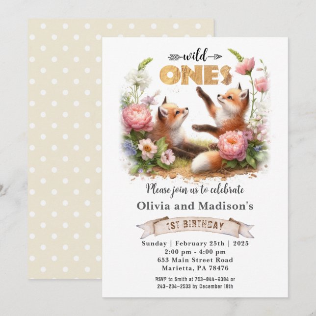 Two Cute Foxes Wild Ones Twins Birthday Invitation (Front/Back)