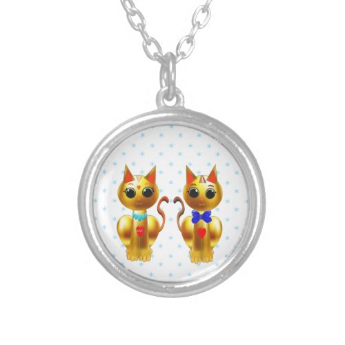 Two cute golden cats silver plated necklace