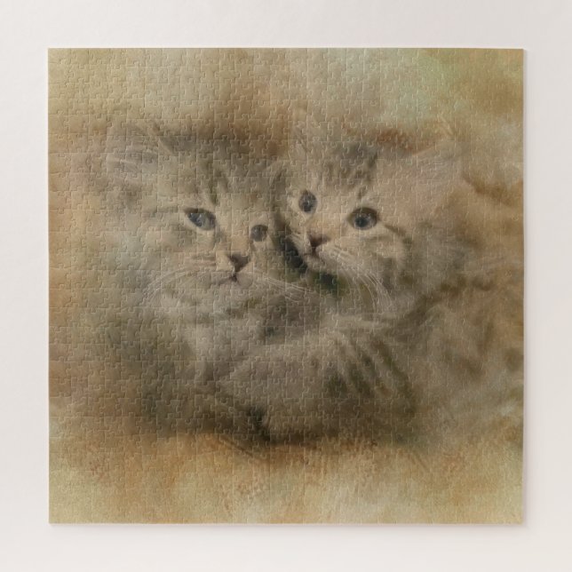 Two Cute Gray Striped Kittens In Watercolor Puzzle (Vertical)