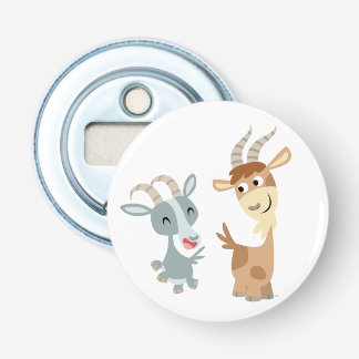 Two Cute Happy Cartoon Goats Button Bottle Opener