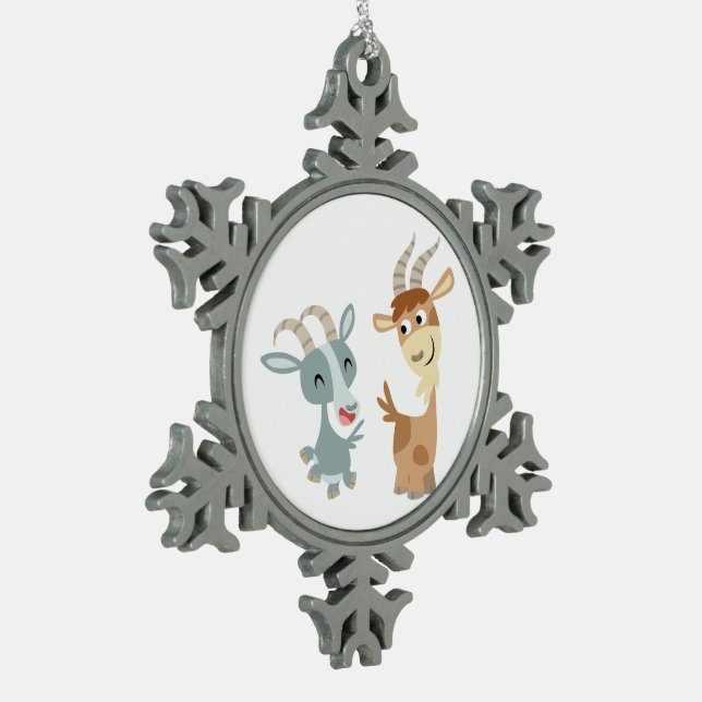 Two Cute Happy Cartoon Goats Pewter Ornament (Left)