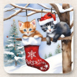 Two Cute Kittens Christmas Stocking and Santa Hat Beverage Coaster