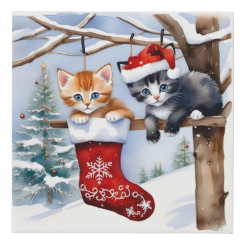 Two Cute Kittens Christmas Stocking and Santa Hat Faux Canvas Print