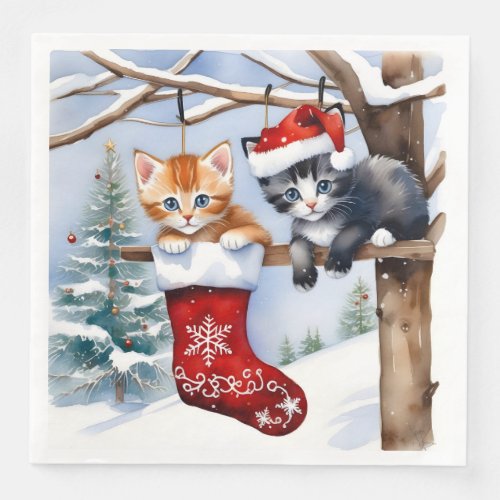 Two Cute Kittens Christmas Stocking and Santa Hat Paper Dinner Napkins