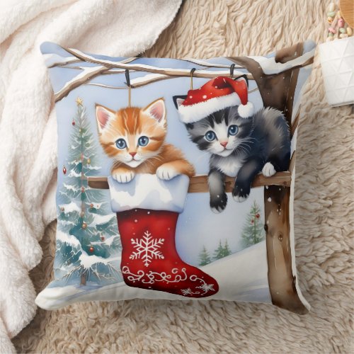 Two Cute Kittens Christmas Stocking and Santa Hat Throw Pillow