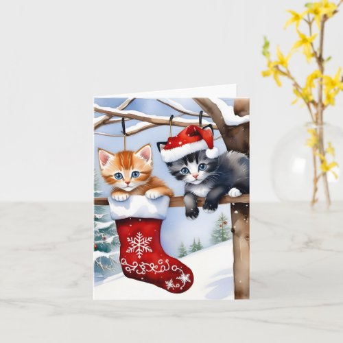 Two Cute Kittens Christmas Stocking Red Hat Blank Card