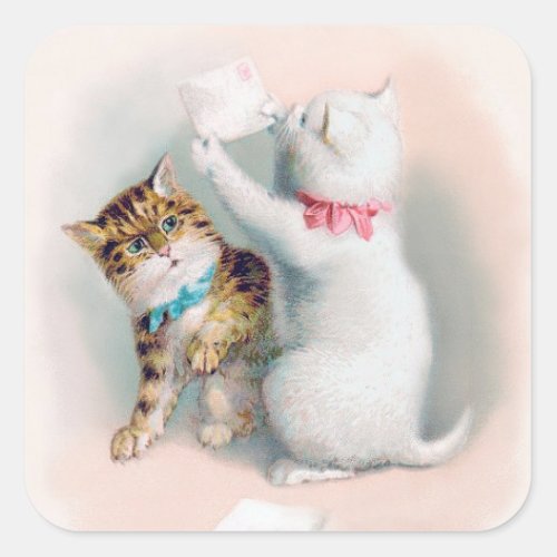 Two Cute Kittens _ Vintage Anthropomorphic Cat Art Square Sticker