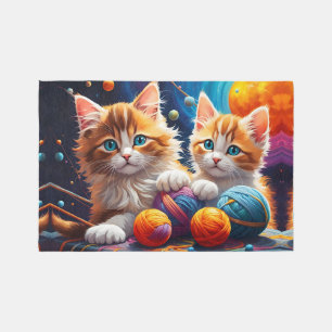 Two Cute kittens with balls of yarn and Planets Rug