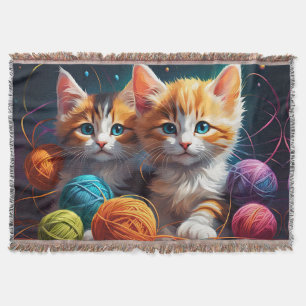 Two Cute kittens with balls of yarn  Throw Blanket