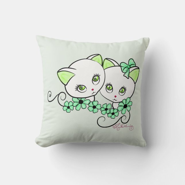 Two cute Kittens with Daisies Green Throw Pillow (Front)